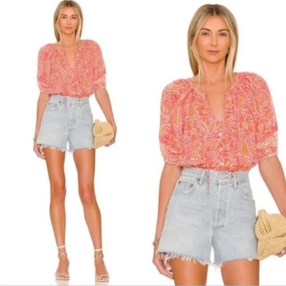 Cleobella Layla Organic Cotton Blouse in Blossom Block Print Orange Size Medium - Picture 5 of 14